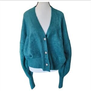Urban Outfitters Women's Fuzzy Oversized Teal Cardigan Sweater Sweater Size M